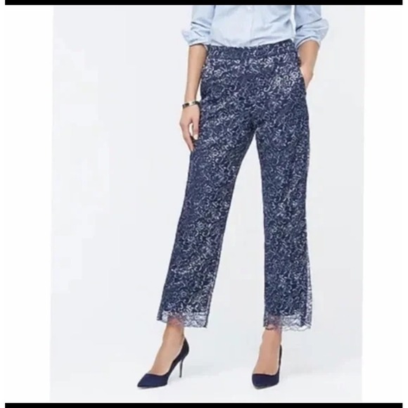 J. Crew Pants - J. Crew Peyton High-Rise Pull-On Wide-Leg Pants Navy Metallic Lace Size 10